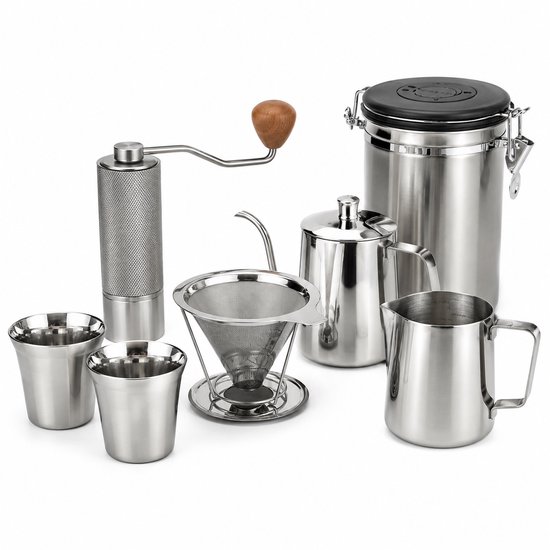 Illustratie bij RVS koffieset met molen, filter en voorraadbus
