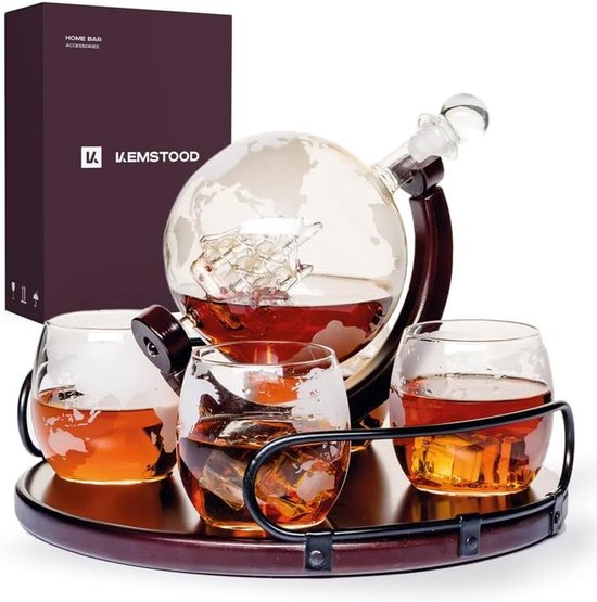 Illustratie bij Whiskykaraf in globevorm met glazen en standaard